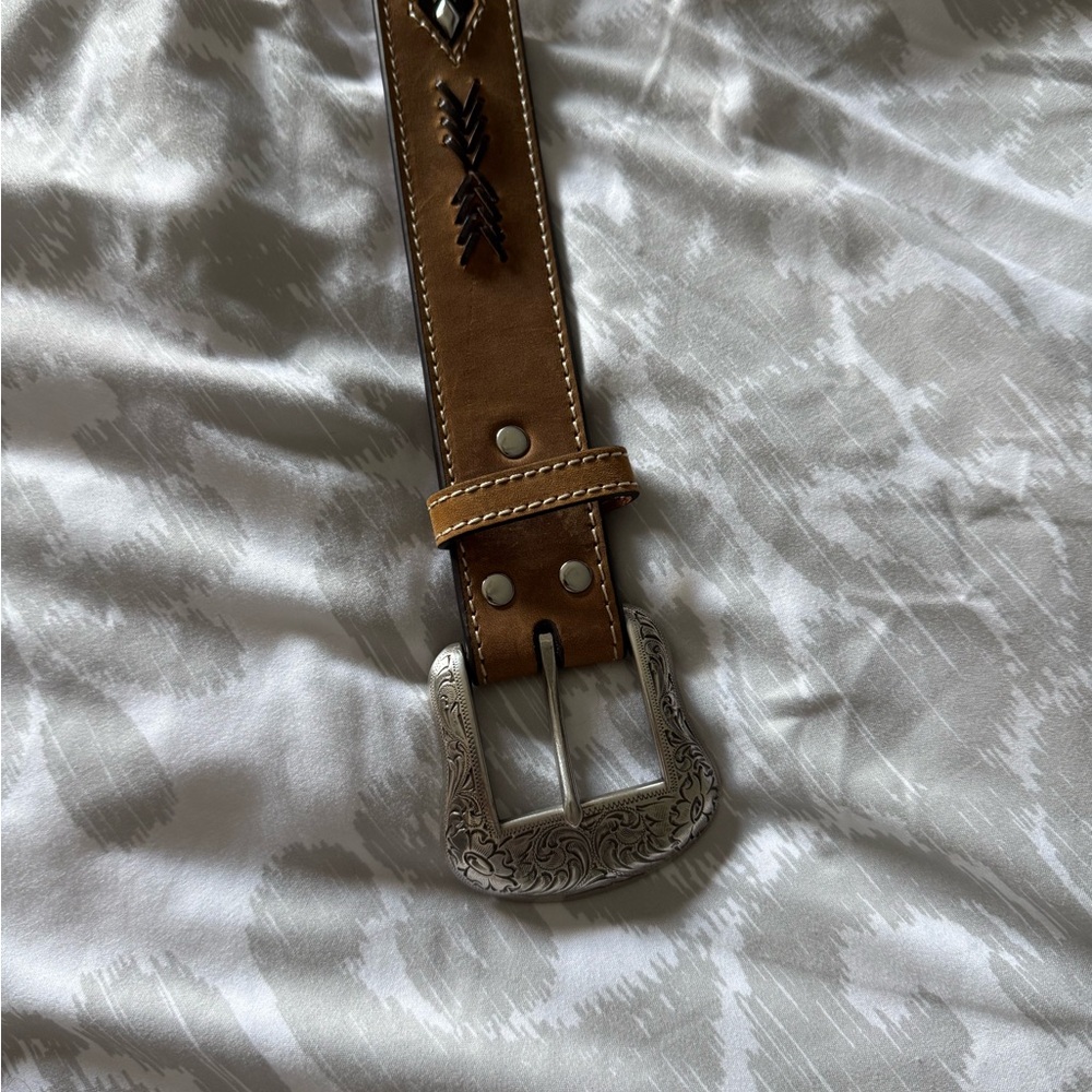 Nocona Brown Leather Belt with Intricate Silver Buckle